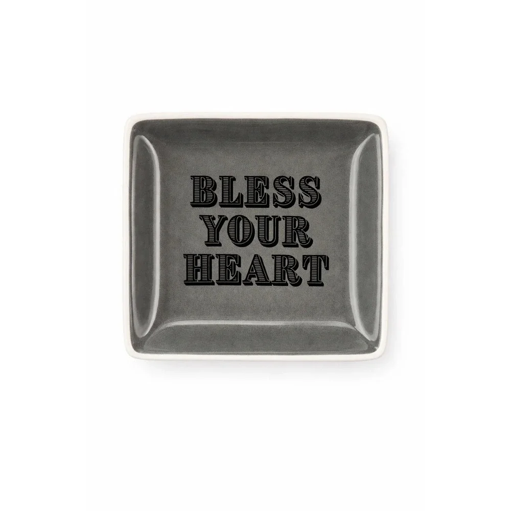 Bless Your Heart Ceramic Trinket Dish Grey Square Jewelry Tray Valet Bowl